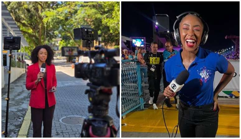 A jornalista em momentos na reportagem de rua
