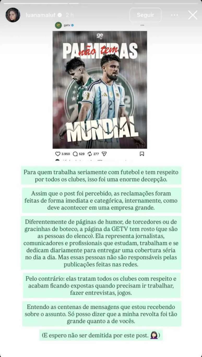 Jornalista Luana Maluf protesta contra post da GeTV &ndash;