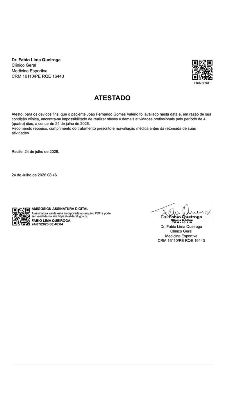 Atestado m&eacute;dico de Jo&atilde;o Gomes &mdash; Foto: Reprodu&ccedil;&atilde;o | Instagram