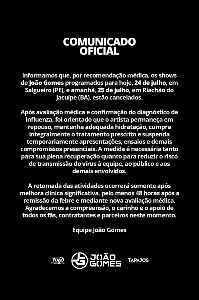 Comunicado oficial da equipe do Jo&atilde;o Gomes sobre a sa&uacute;de do cantor.