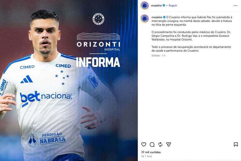 Cruzeiro emitiu boletim m&eacute;dico sobre a cirurgia de Gabriel Pec nas redes sociais &ndash; Reprodu&ccedil;&atilde;o/Instagram
