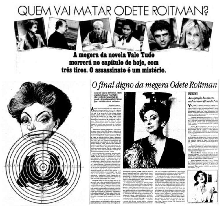 Not&iacute;cias publicadas no 'Estad&atilde;o' em 1988 sobre a morte de Odete Roitman na novela 'Vale Tudo'.