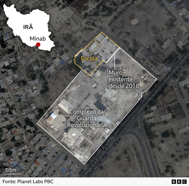 Mapa mostra localiza&ccedil;&atilde;o da escola e muro que a separava do complexo da guarda iraniana