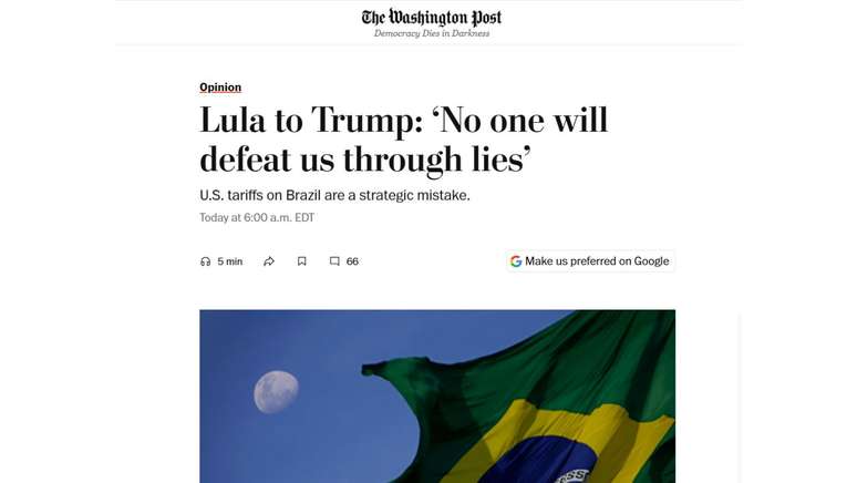 "Lula a Trump: 'Ningu&eacute;m nos derrotar&aacute; com mentiras'", diz t&iacute;tulo de artigo