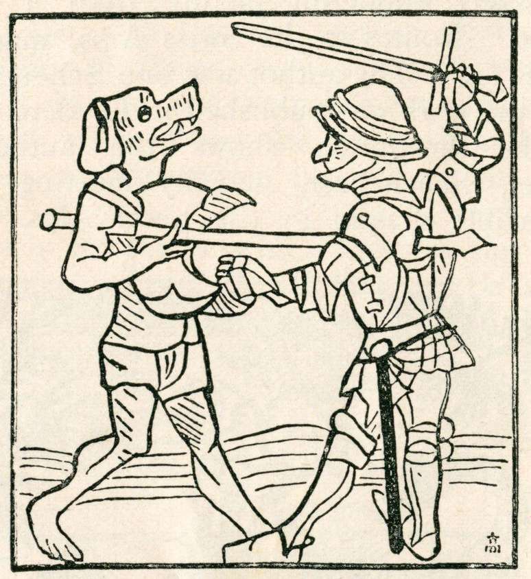 Gravura de homem com cabe&ccedil;a de c&atilde;o &mdash; um cinoc&eacute;falo &mdash; derrotando um guerreiro maced&ocirc;nio