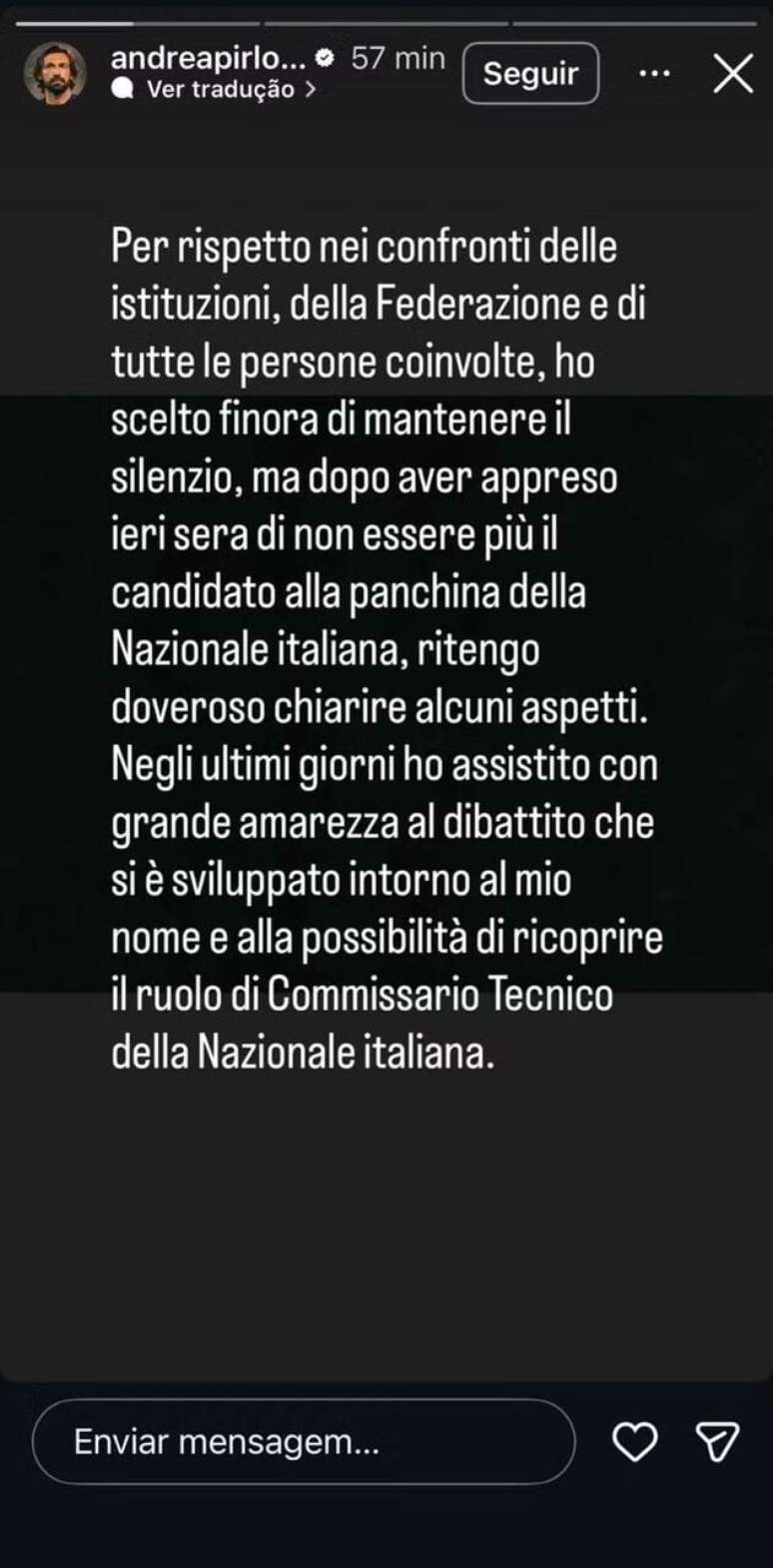 Pirlo se pronunciou nas redes sociais ap&oacute;s acordo encerrado com a federa&ccedil;&atilde;o italiana &ndash;
