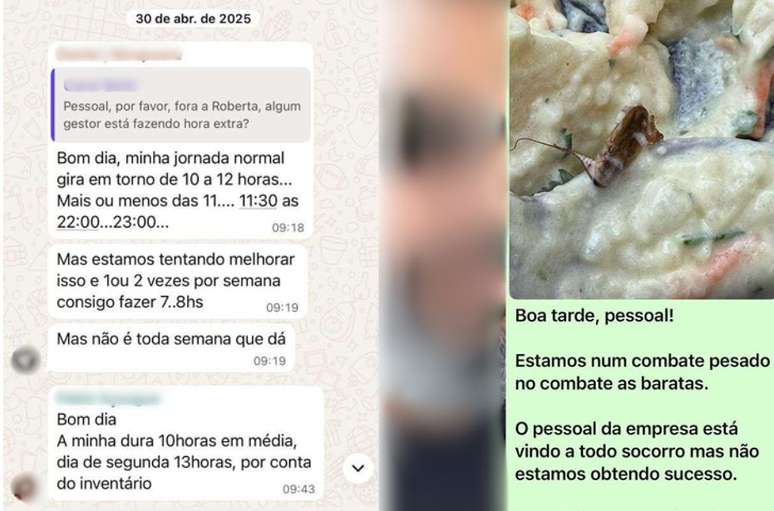 Outros funcion&aacute;rios tamb&eacute;m tinham escala de mais de 10 horas (&agrave; esquerda); barata foi encontrada dentro de alimentos
