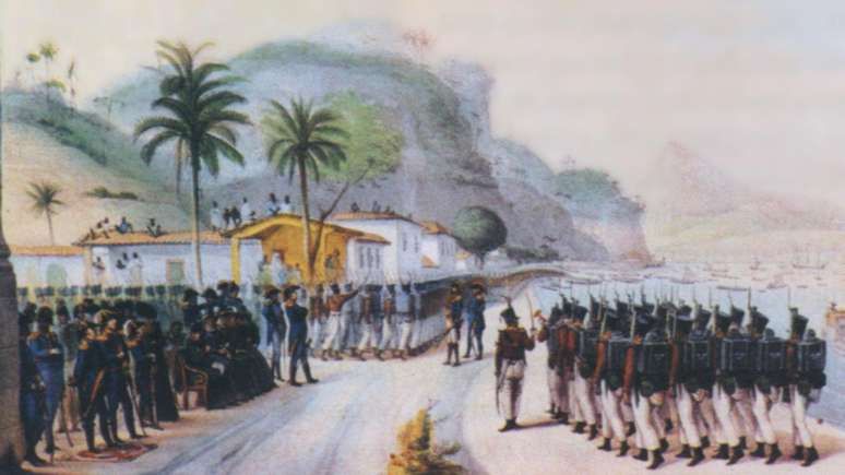 Embarque da Divis&atilde;o de Volunt&aacute;rios Reais para a Cisplatina em 1816, em tela de Debret feita em1825