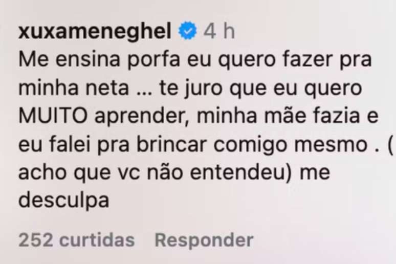 Recado de Xuxa deixado em post de artes&atilde;