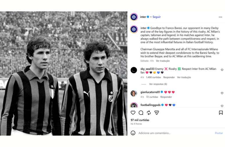 Homenagem da Internazionale a Franco Baresi, que aparece na foto ao lado do irm&atilde;o Giuseppe &ndash;