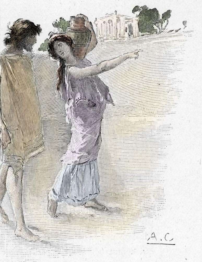 Odisseu, ajudado por Atena disfarçada de uma jovem, chega ao palácio de Alcínoo. Ilustração de Antoine Calbet para A Odisseia