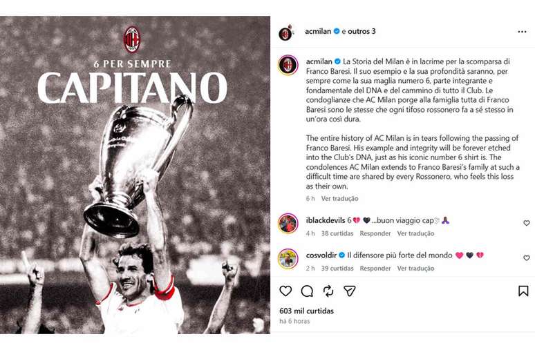 Homenagem do Milan a Baresi nas redes sociais &ndash;