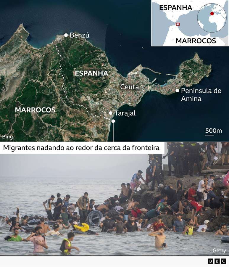 Mapa e foto mostram crise de imigra&ccedil;&atilde;o ilegal em Ceuta.