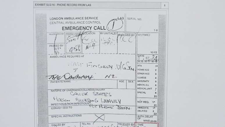 O registro da ambul&acirc;ncia de 1984 sobre a misteriosa liga&ccedil;&atilde;o para o n&uacute;mero de emerg&ecirc;ncia 999. A pessoa que telefonou informou que havia um homem "perdendo muito sangue" e depois desligou. A chamada foi considerada um trote. Segundo a acusa&ccedil;&atilde;o, quem fez a liga&ccedil;&atilde;o foi Michael Stewart, ent&atilde;o com 15 anos