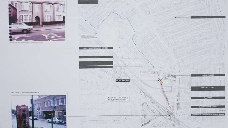 O mapa original do legista de 1984, com anota&ccedil;&otilde;es da pol&iacute;cia, marca o local onde o corpo de Anthony foi encontrado: em um beco a poucos metros da esta&ccedil;&atilde;o de East Finchley