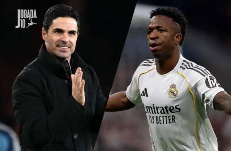 Fotos: Divulga&ccedil;&atilde;o/Arsenal e Real Madrid - Legenda: Mikel Arteta respondeu sobre poss&iacute;vel ida de Vini Jr ao Arsenal