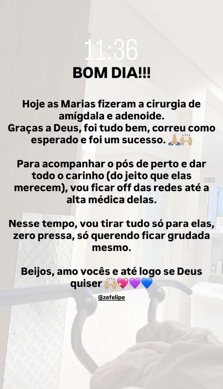 Comunicado de Virginia informando que ficar&aacute; afastada das redes sociais durante recupera&ccedil;&atilde;o de seus filhas.