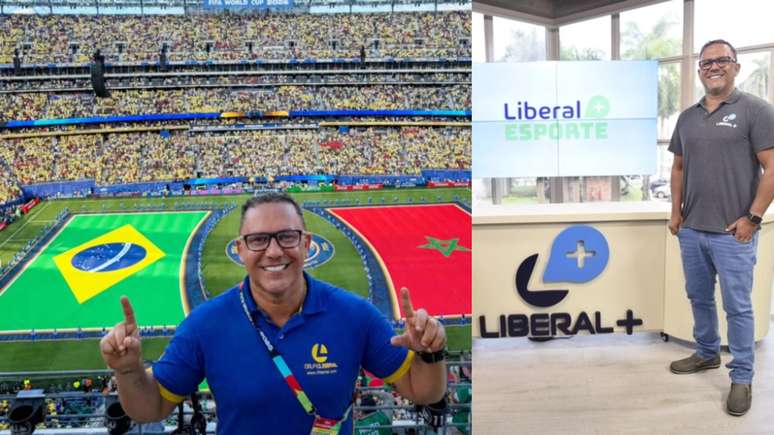O jornalista em est&aacute;dio na Copa do Mundo, nos Estados Unidos, e em est&uacute;dio do Grupo Liberal