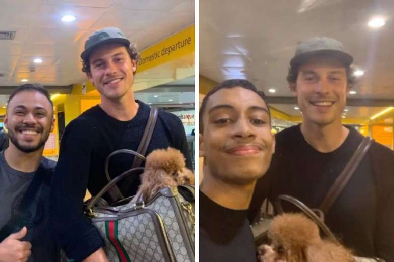 Shawn Mendes posa com f&atilde;s no aeroporto enquanto segura Chihiro