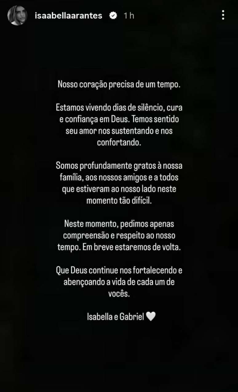 Isabella Arantes faz um desabafo sobre o dif&iacute;cil momento em que o casal est&aacute; passando