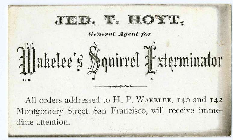 Cart&atilde;o de visita com a inscri&ccedil;&atilde;o &lsquo;Jed T. Hoyt, Agente Geral da Wakelee's Squirrel Exterminator&rsquo;