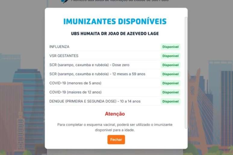 Para verificar quais vacinas est&atilde;o dispon&iacute;veis, &eacute; importante clicar em &ldquo;disponibilidade de imunizante&rdquo;.