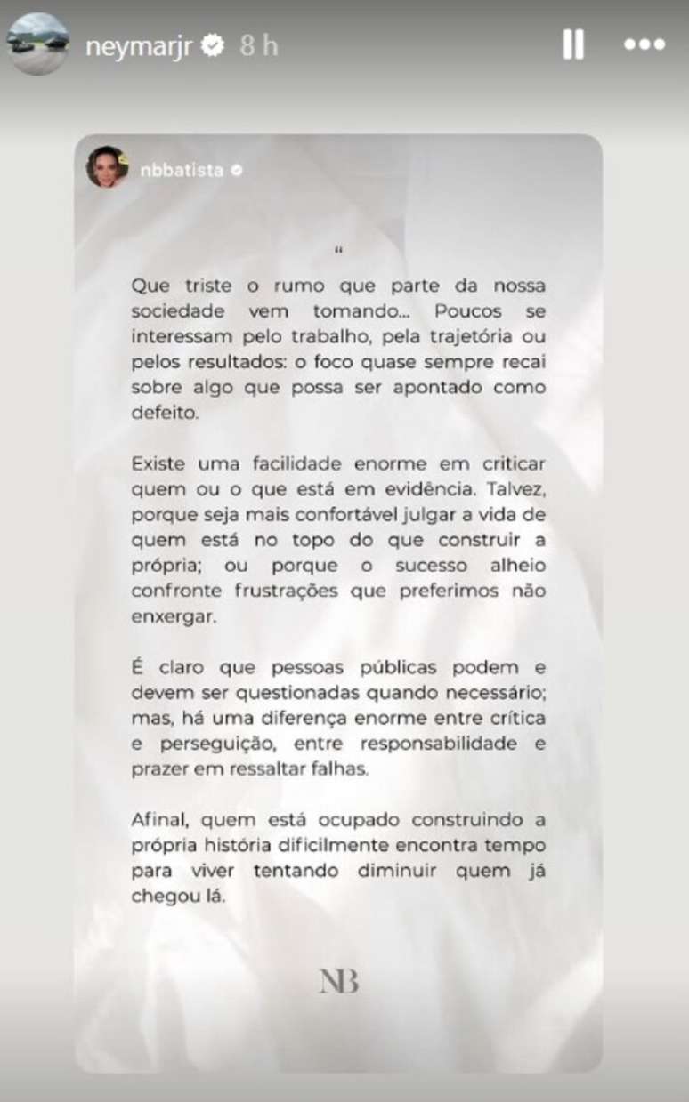 Neymar compartilha texto nos stories ap&oacute;s confus&atilde;o em Bel&eacute;m.