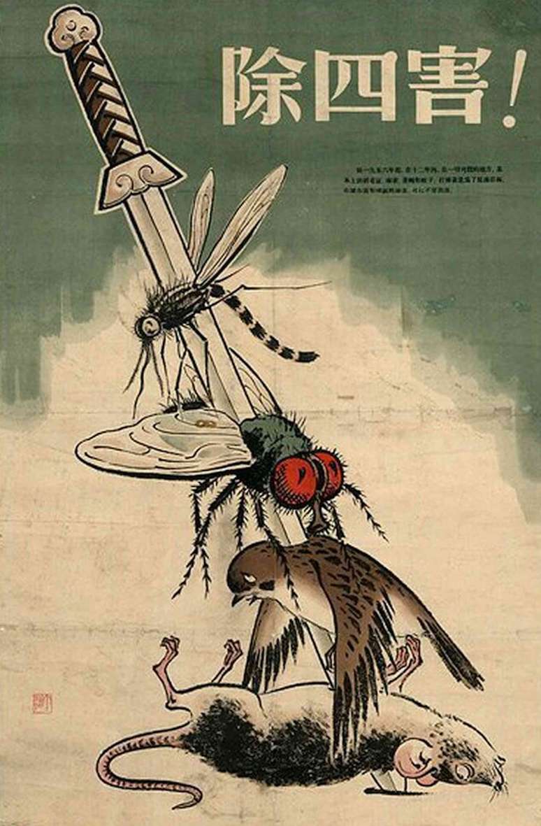 Cartaz retratando uma espada perfurando um mosquito, uma mosca, um pardal e um rato, com caracteres chineses que dizem &lsquo;Exterminem as Quatro Pragas!&rsquo;
