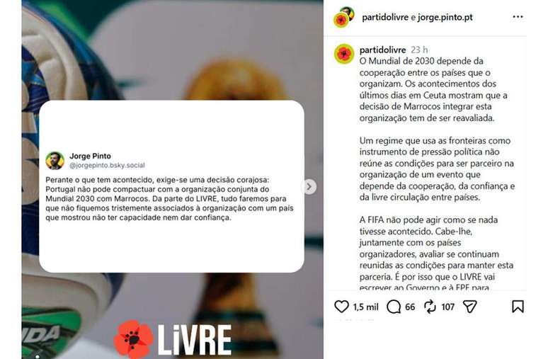 Comunicado do partido Livre, de Portugal, pedindo a retirada de Marrocos como um dos países-sede da Copa de 2030 –