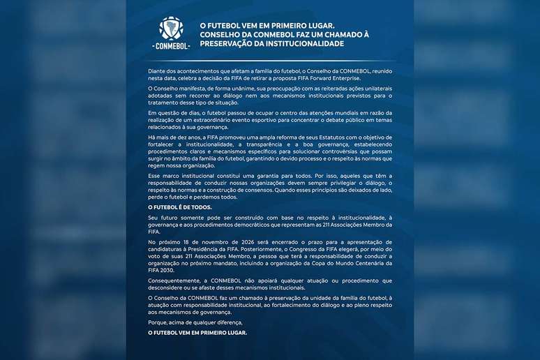 Comunicado da Conmebol em apoio &agrave; Fifa &ndash;