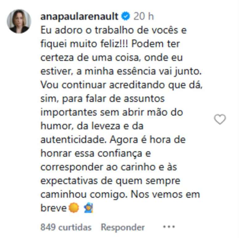 Coment&aacute;rio de Ana Paula Renault sobre contrato com a Globo