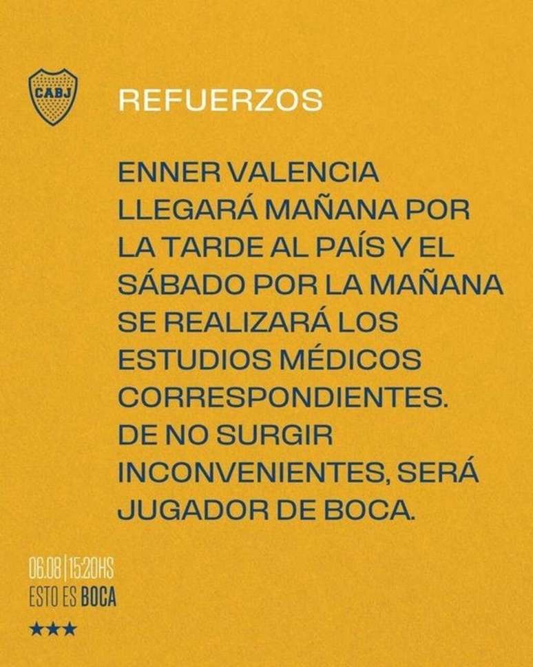 Comunicado divulgado pelo Boca Juniors &ndash;