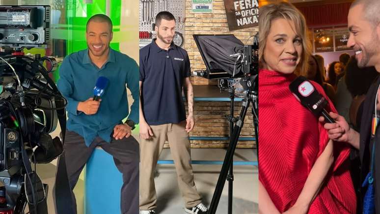 Jan Rios na &eacute;poca da RedeTV!, trabalhando numa produ&ccedil;&atilde;o de v&iacute;deo e entrevistando a atriz Isabel Teixeira para o site de not&iacute;cias de celebridades &Aacute;rea VIP