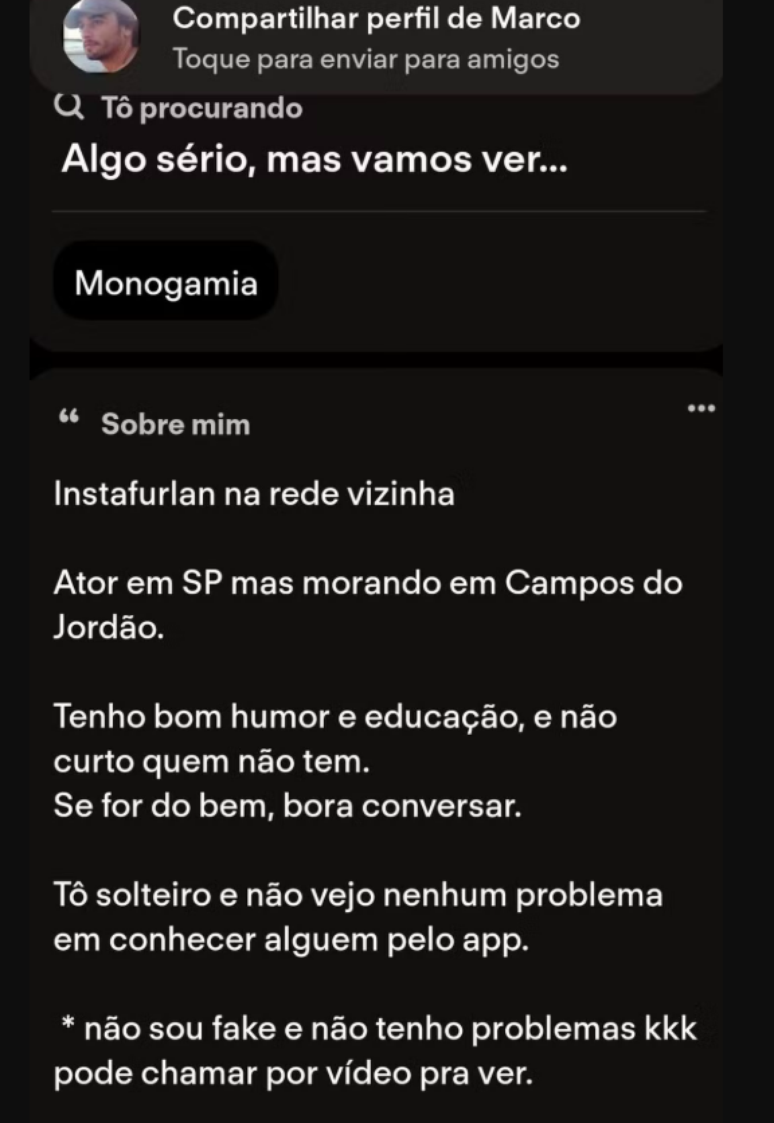 Perfil de Marco Furlan no Tinder