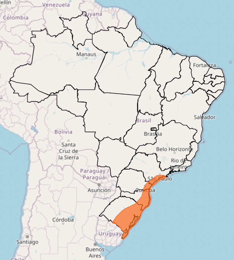 Mapa mostra aviso de vendaval nas regi&otilde;es Sul e Sudeste do pa&iacute;s