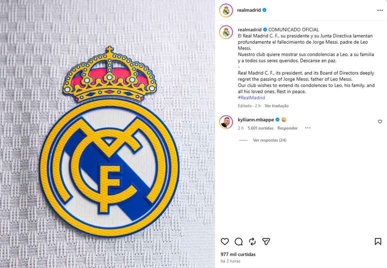 Rival do Barcelona, Real Madrid postou mensagem de apoio a Messi ap&oacute;s a morte do pai &ndash;