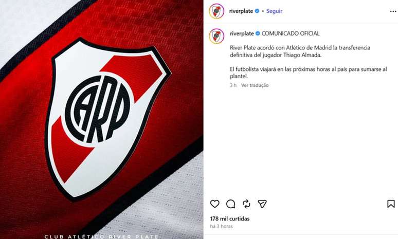 River Plate anuncia oficialmente a contrata&ccedil;&atilde;o de Thiago Almada nas redes sociais &ndash;