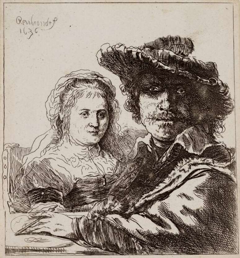 'Autorretrato com Saskia', gravura onde Rembrandt aparece ao lado da mulher
