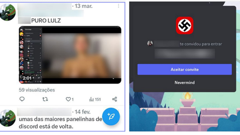 &Agrave; esquerda, v&iacute;deo de estupro virtual realizado no Discord sendo compartilhado no X; &agrave; direita, imagem de servidor de um grupo interessado em realizar ataques a escolas