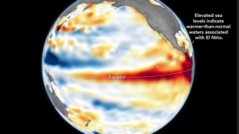 Imagem da Nasa mostrando, em vermelho, o aquecimento das &aacute;guas do oceano Pac&iacute;fico perto da linha do Equador