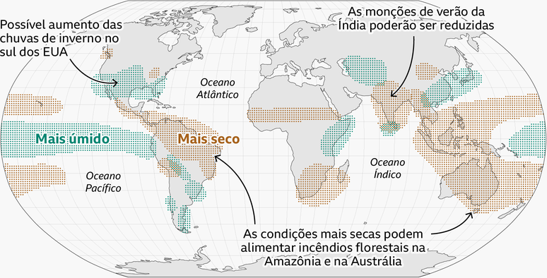 Mapa-m&uacute;ndi mostrando os efeitos do El Ni&ntilde;o