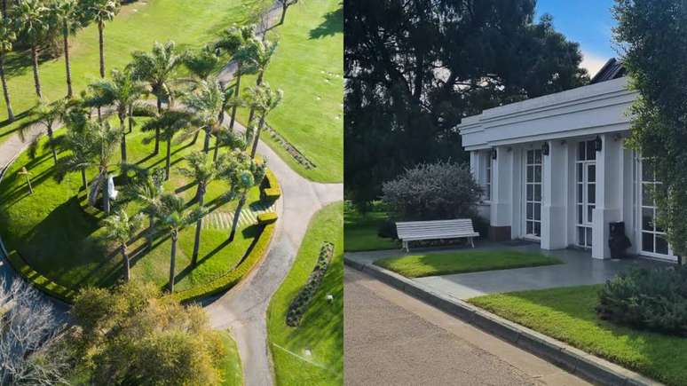 Uma &aacute;rea do jardim do cemit&eacute;rio e a entrada da sala de vel&oacute;rio