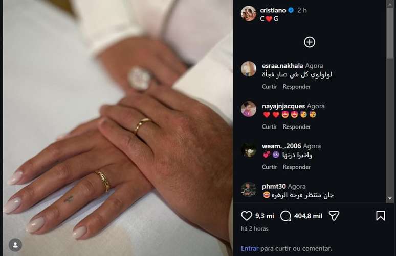 Postagem no Instagram para oficializar a uni&atilde;o entre CR& e Georgina &ndash;