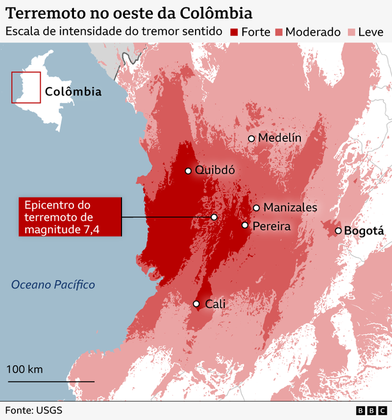 Mapa de intensidade s&iacute;smica do terrem&ocirc;to que atingiu a Col&ocirc;mbia.
