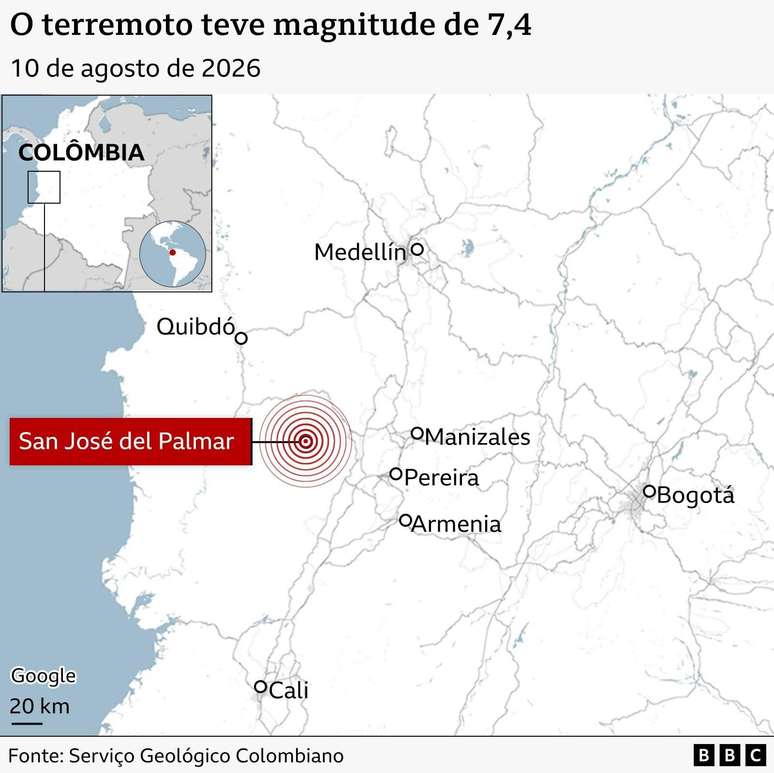 Mapa mostra o epicentro do terremoto com c&iacute;rculos vermelhos.