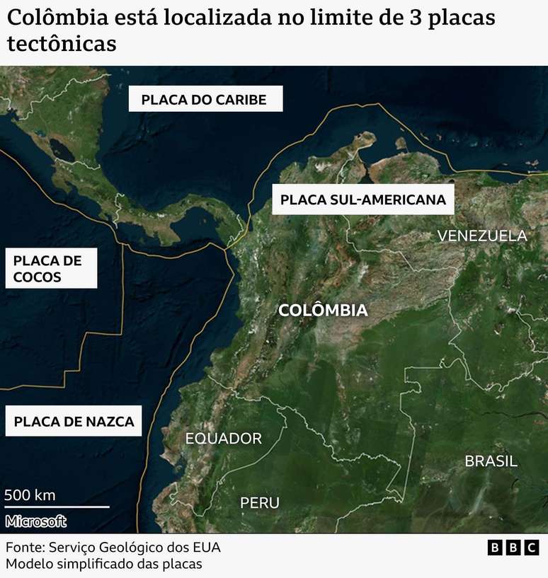 Mapa das placas tect&ocirc;nicas pr&oacute;ximas da Col&ocirc;mbia.