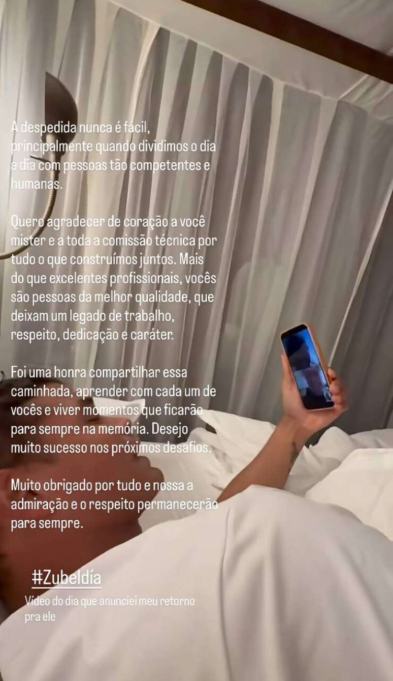 Mensagem de Zubeld&iacute;a nas redes sociais &ndash;