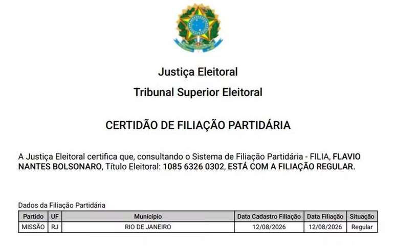 Reprodu&ccedil;&atilde;o do registro de filia&ccedil;&atilde;o de Fl&aacute;vio Bolsonaro ao Miss&atilde;o no TSE