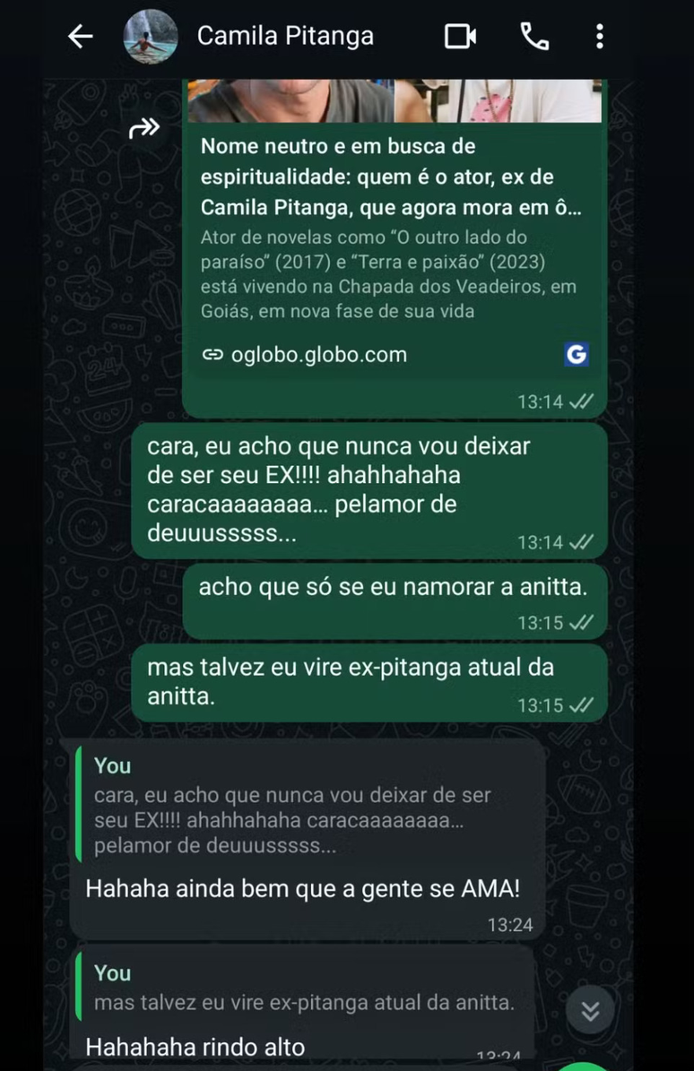 Angel compartilhou um print de sua conversa com Camila Pitanga no WhatsApp nesta quarta-feira, 12