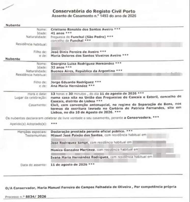 Registro de casamento de Cristiano Ronaldo e Georgina –